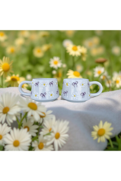 İlbay Çini Takı Ceramic Lilac Colored Bowknot White Daisy Mug Cup Double