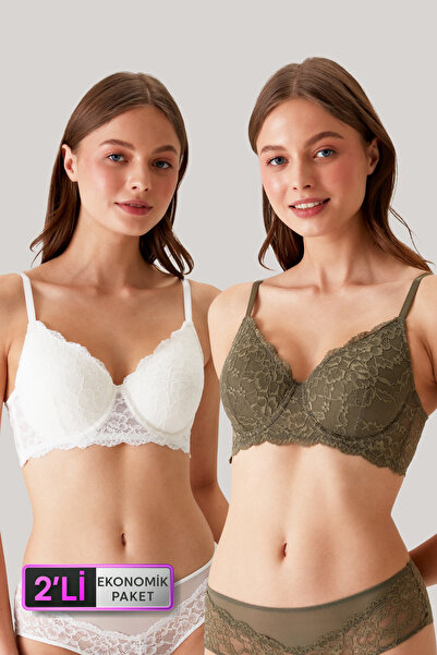 Pierre Cardin 2'li Ekonomik Paket Ekru-b.olive 6224-2 Barcelona Toparlayıcı Dantelli Sütyen Set D Cup Seçeneğiyle