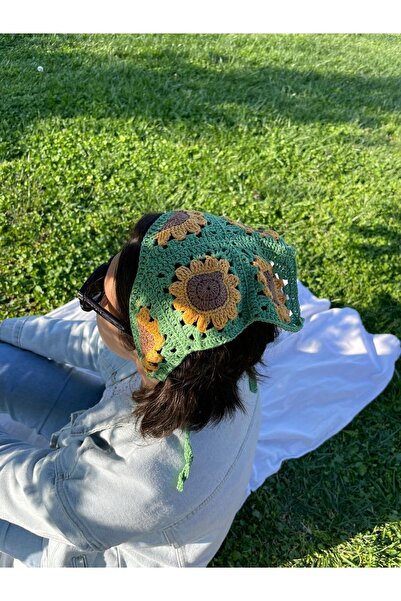 Kahvemavii Ayçiçek Motifli Yeşil Renk Örgü Bandana