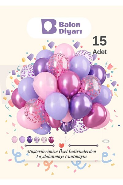 BALON DİYARI Fuşya & Mor & Pembe & Lila Konfeti 15 Adet Balon Seti – Göz Alıc...