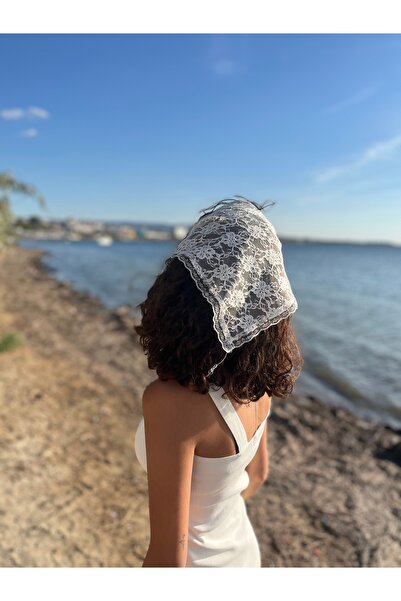 VENÜS MODA by Pınar Cream Lace Bandana Scarf Lace Scarf 70 cm Wide