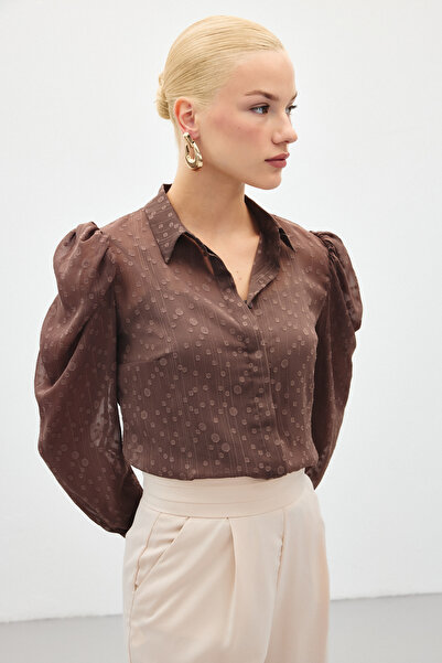 Sateen Puantiye Dokulu Gömlek - Kahve