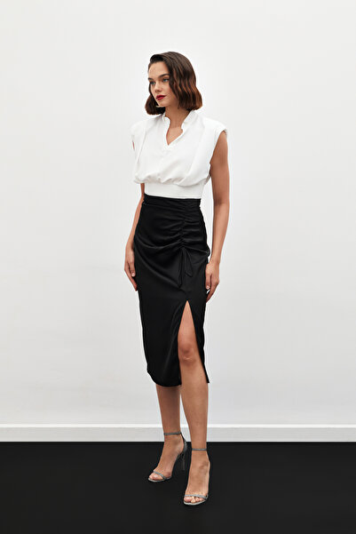 Sateen Büzgü Detaylı Saten Etek - Siyah