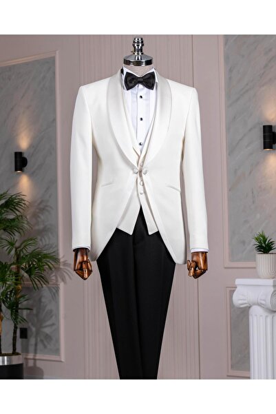 TerziAdemAltun İtalyan stil slim fit şal yaka ceket yelek pantolon damatlık set beyaz T13695