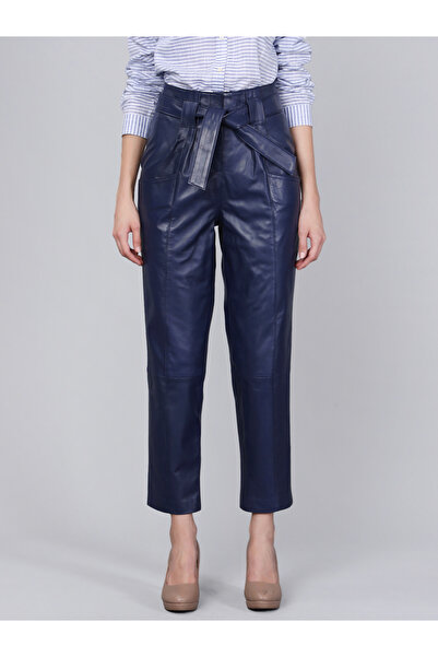 Basics&More Kadın Koyu Mavi Hakiki Deri Kuşaklı Pantolon - P02