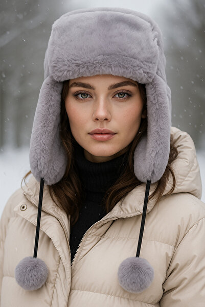 Luminos Butik Gray Plush Hat - with Pompom, Fur and Headphones, Beret Beanie1103