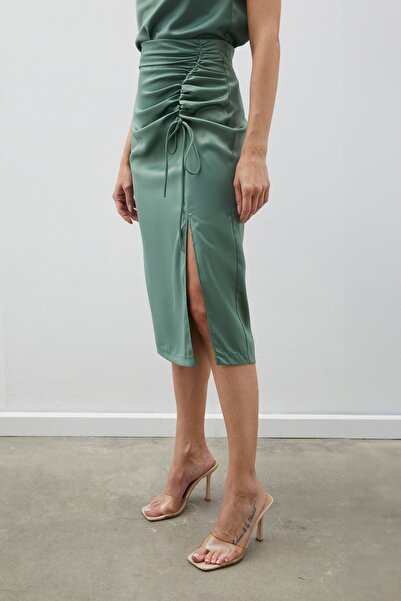 Sateen Спідниця з підкосом, детально оздоблена атласом - HAKİ