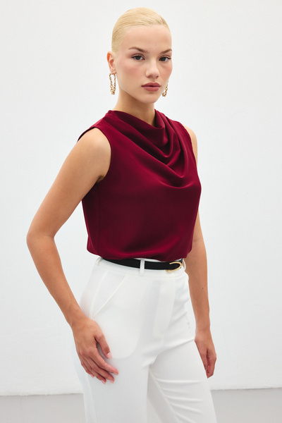 Sateen Degaje Yaka Kolsuz Bluz - Bordo