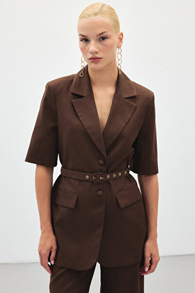 Sateen Κοντομάνικο μπουφάν με ζώνη - Καφέ