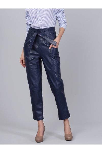 Basics&More Kadın Koyu Mavi Hakiki Deri Kuşaklı Pantolon - P02