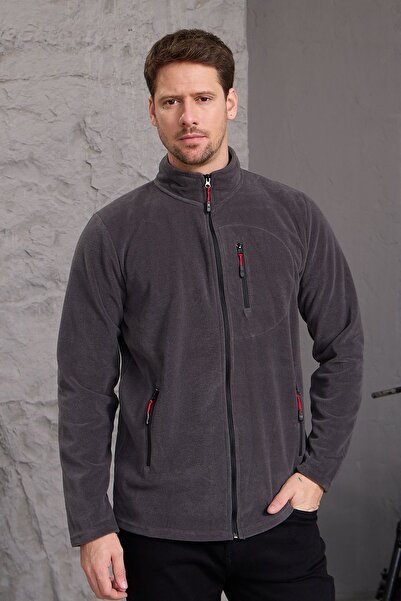 COMBİNE MİCHAİL Erkek Kışlık Kalın Tam Fermuar Pamuklu Kumaş Polar Ceket FÜME