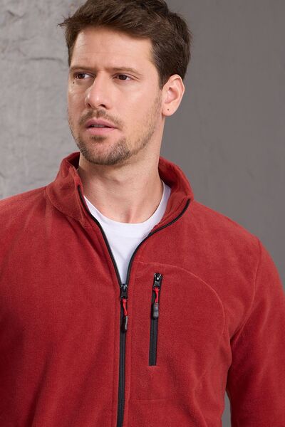 COMBİNE MİCHAİL Men's Red Fleece Jacket - Thick Zipper and Cotton