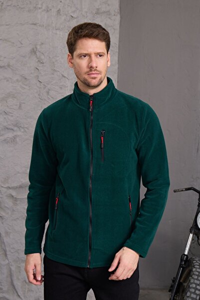 COMBİNE MİCHAİL سترة صوفية للرجال باللون الأخضر الداكن - سحاب سميك وقطن