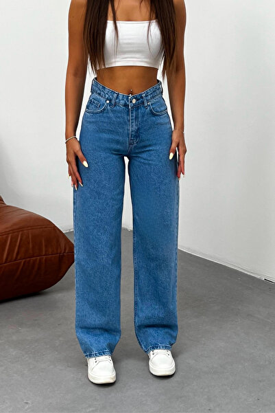 BİKELİFE Kadın Koyu Mavi Soluk Efekt Likralı Yüksek Bel Geniş Paça Bol,Salaş Palazzo Jeans