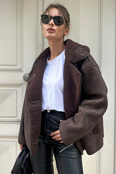 NET OF NOT Else Acı Kahve Dokulu Süet Içi Peluşlu Oversize Zr Model Mont