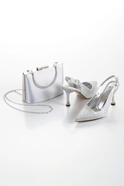 MFT AYAKKABI طقم حذاء وحقيبة نسائية بكعب عالي وطبعة حجرية باللون الفضي