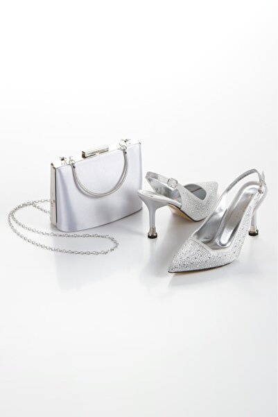 Miss Mitto Women's Silver Drop Stone Embellished 8 cm Thin Galvanized Heels Comfortable Stiletto and Bag Combination