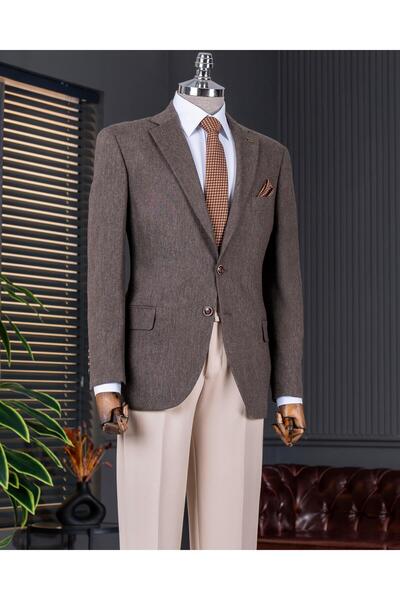 TerziAdemAltun Ανδρικό μονό μπουφάν καφέ T13510 με λεπτή εφαρμογή ιταλικού στυλ 4 drop mono γιακά