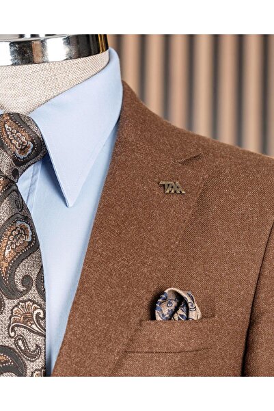 TerziAdemAltun Ανδρικό μπουφάν με μονό γιακά τσέπη σε ιταλικό στυλ slim fit καφέ T10346