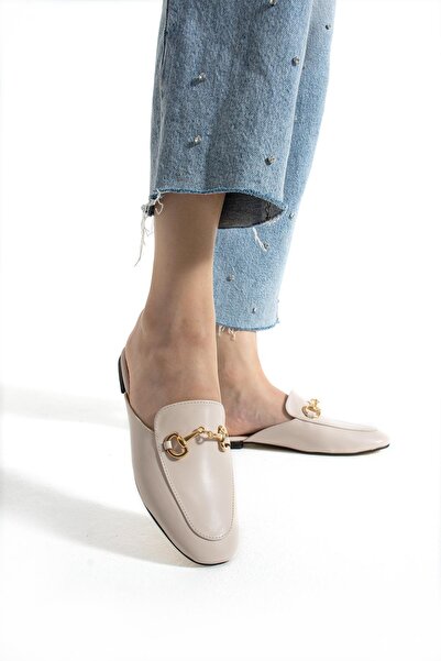 diclepolat Women's Beige Loafer Slippers Meniz with Gold Metal Buckle