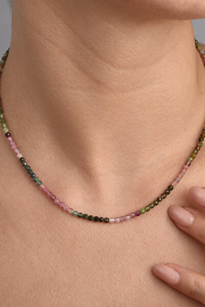 Nox Jewelry 925 Ayar Gümüş Altın Kaplama Doğal Turmalin Taşlı Kolye - NGS00118