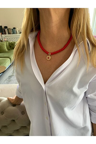 byebruketenci Kırmızı Doğaltaş Yıldız Detaylı Kolye Gold Aparatlı