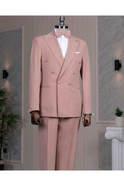 TerziAdemAltun Italian Style Double-Breasted Jacket Pants Suit Pink T14198