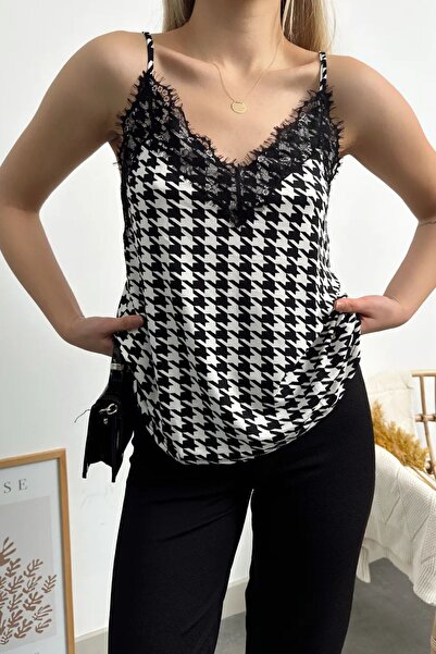 Balenbi 1070 Black Houndstooth Lace Detailed Strap Sandy Women's Blouse