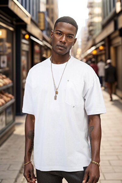 Balenbi Чоловіча біла футболка оверсайз - з круглим вирізом, з кишенями