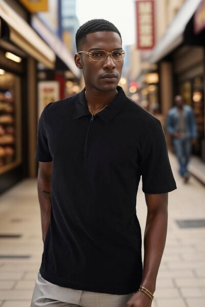 Balenbi Μαύρο ανδρικό μπλουζάκι με φερμουάρ Polo Neck - Κανονική εφαρμογή