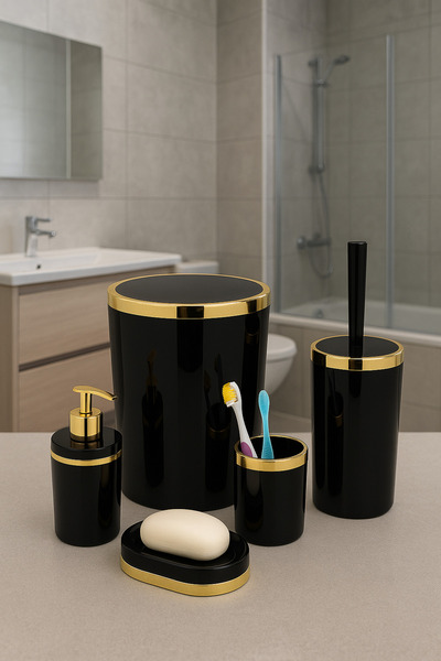 İmera Akrilik 5 Parça Banyo Seti Yuvarlak Parlak Siyah-gold