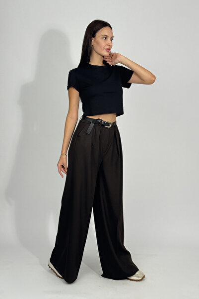 Betimoda Kadın Pilili Cepli Kemerli Palazzo Pantolon Kahverengi