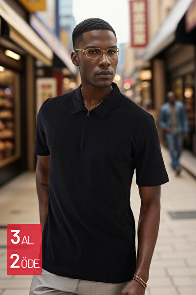 Mogi Butik Ανδρικό μπλουζάκι με χτενισμένο βαμβακερό γιακά με φερμουάρ κανονι...