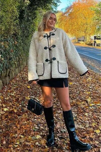 Madmext Beige Buttoned Plush Women's Coat Mg2531