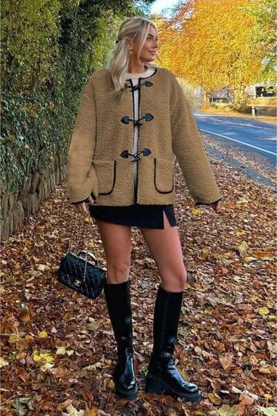 Madmext Milky Brown Buttoned Plush Women's Coat Mg2531