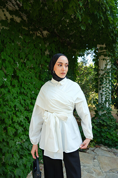 LOCCO Cămașă din popelin cu șireturi pentru umăr pentru femei, albă