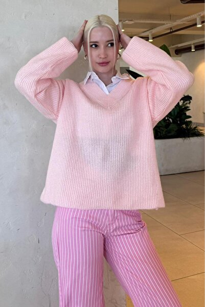 Madmext Pink V-Neck Knitwear Women's Sweater Mg2501