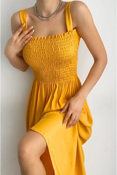 KaSheHa Hardal Kalın Askılı Bürümcük Kumaş Beli Gipeli Full Esnek Yazlık Elbi...