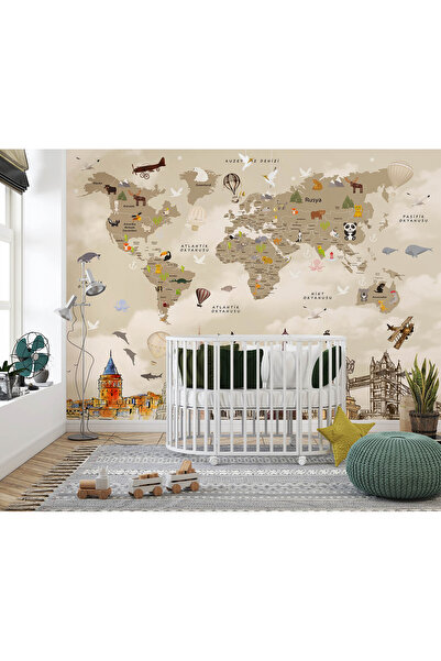 Genel Markalar Çocuk Odası Meşhur Simgeler Dünya Haritası Duvar Kağıdı