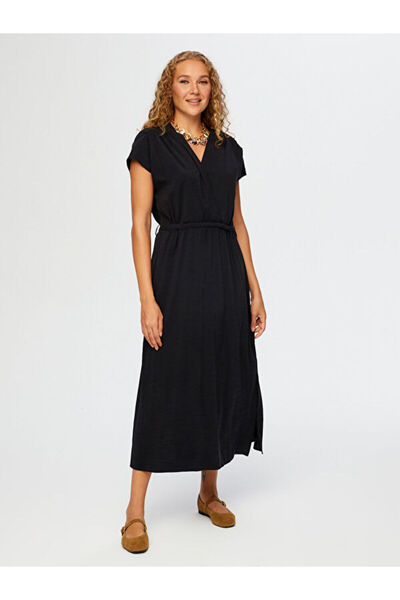 Faik Sönmez Kemer Detaylı V Yaka Kolsuz Modallı Elbise W26ELB002