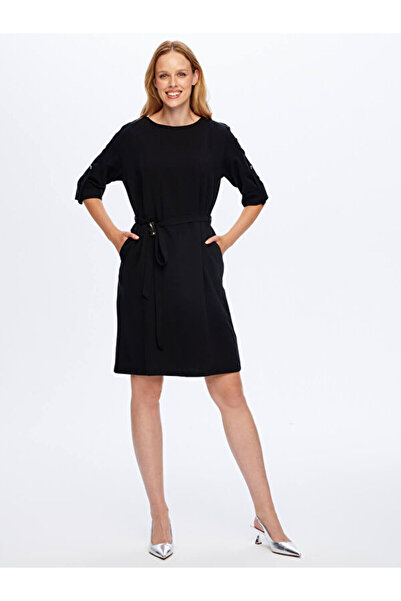 Faik Sönmez Arkası Örme Önü Liyoselli Beli Kemerli Kısa Kol Torba Elbise W26E...