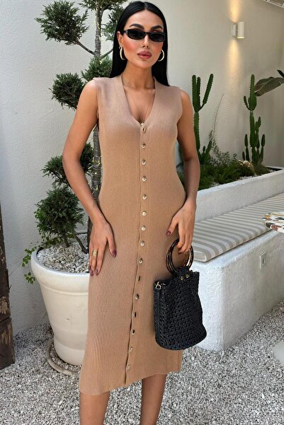 Genel Markalar Önü Düğmeli Fitilli Kolsuz Elbise 2832