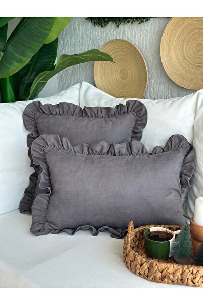 Decamor home Vintage Ruffled Anthracite Smoked Gray Throw Pillow Cover 1 Piece