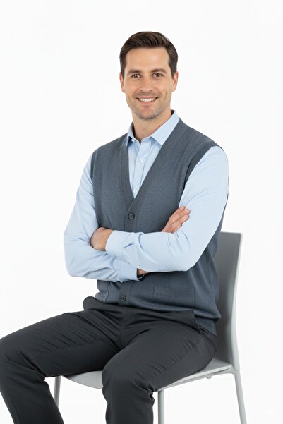 Oppland Мъжка вълнена тъкана жилетка с V-образно деколте и джоб с копчета, удобна кройка