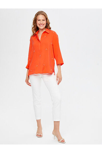 Faik Sönmez Half Patched Stone Detailed 3/4 Sleeve Modal Blouse S25Blz013