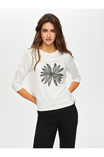Faik Sönmez Floral Lace Appliqued Round Neck T-Shirt on Front S25Tsh087