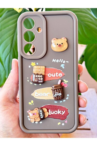 Fibaks Case for Samsung Galaxy A56 Teddy Bear Coffee Design Patterned Camera Protection Soft Silicone Cover