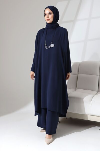 Berel Moda Σετ με λεπτομέρεια με σχισμή με μανίκια κρεμπλέ Aerobin Zühre - Navy Blue