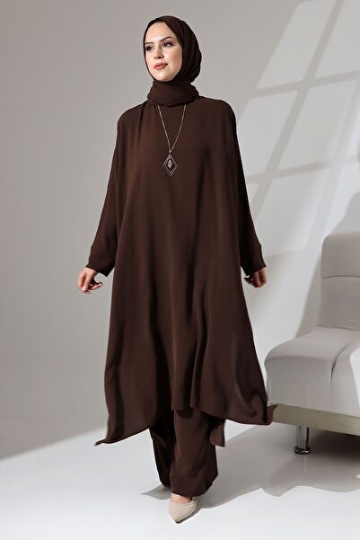 Berel Moda Yarasa Kol Yırtmaç Detaylı Salaş Yapılı Krep Aerobin Zühre Takım - Acı Kahve