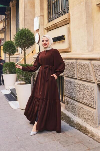 BEREL Баллонна пола с волани и креп детайли Сенa Фереце Горчив кафе